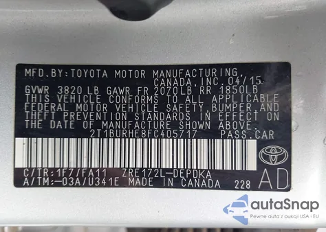 2015 Toyota Corolla L z USA, uszkodzony, nr VIN 2T1BURHE8FC405717